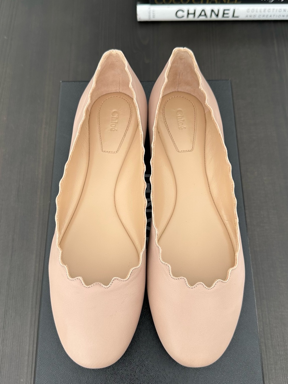 Chloe Lauren Scalloped Leather Ballet Flats in Pink Tea, Authentic
